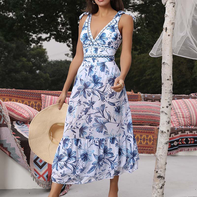 š„ V Neck Lace Up Printed One Piece Swimsuit and Skirt