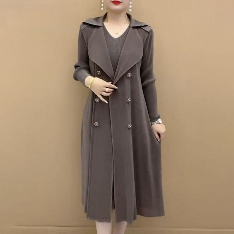 đAutumn Hot SaleđFashionable Pleated Suit Collar Fake Two-piece Trench Coat