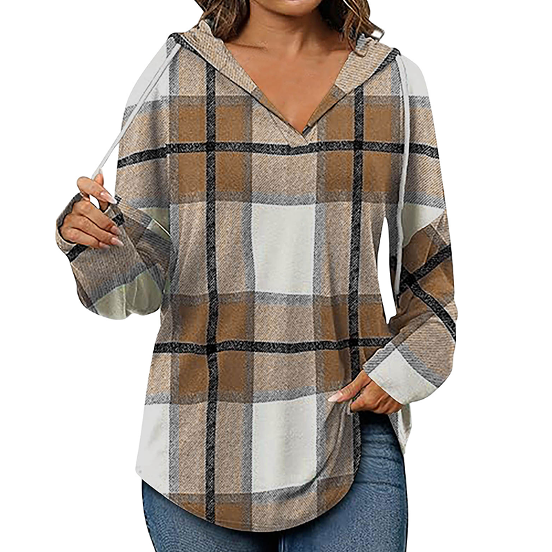 ✨ Easy Everyday Comfort | Women's Plaid Hooded Drawstring V-Neck Shirt🍂