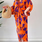 Fashion Printed Loose Bat Sleeves V-neck Drawstring Dress