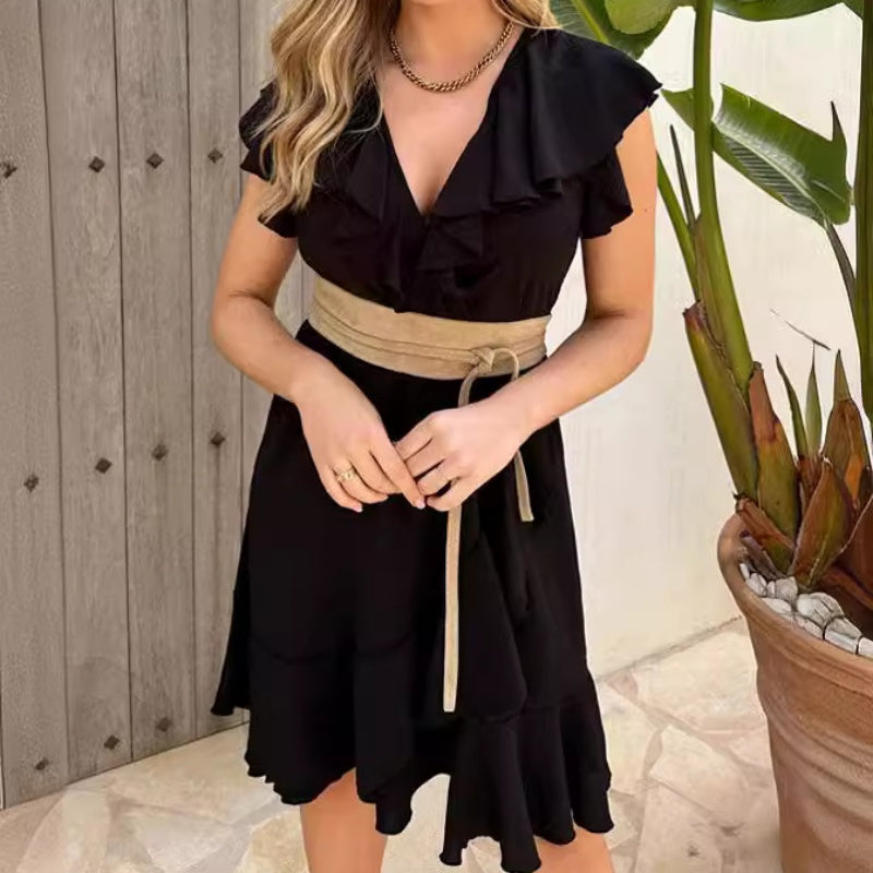 💖Women's Elegant Waist Tie V-Neck Ruffle Dress