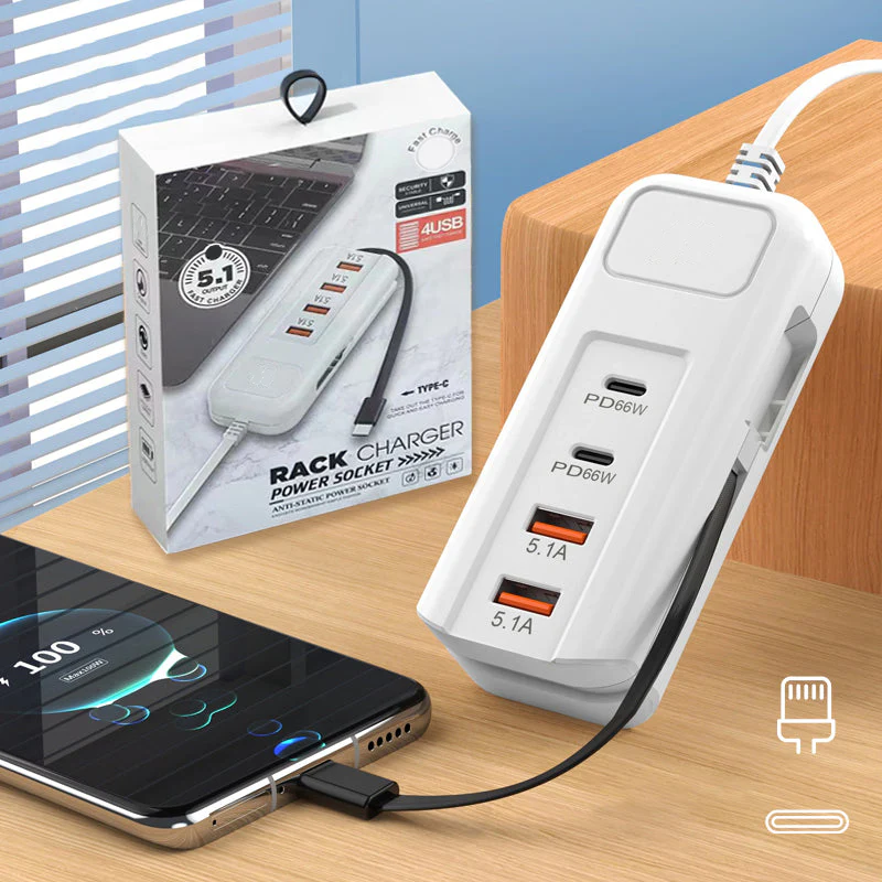 ⚡ Multi-Function Fast Charger 2PD + 2USB! 🔌📱 66W, Built-in Type-C Cable, Safely Charges 4 Devices Simultaneously