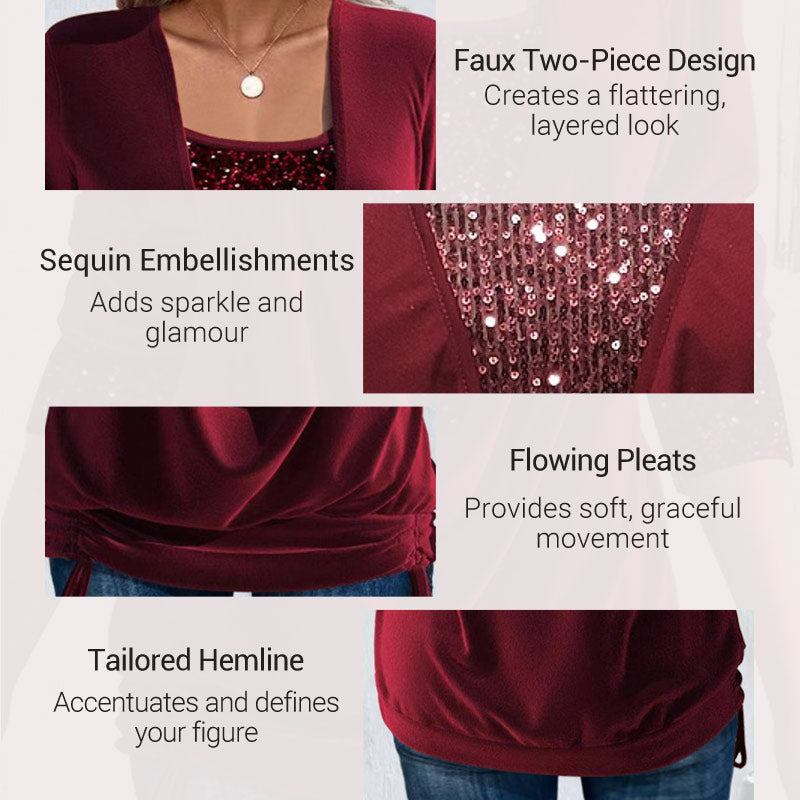 ✨👗Sequin Loose Smocked Fake Two-Piece Top Stylish and Versatile, Comfortable and Shapely, Exudes Elegant Feminine Charm!