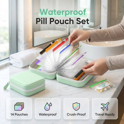 💊A8 Waterproof Pill Pouch Set – 7 to 14 Days of Meds & Vitamins💧Waterproof & Crush-Resistant Shell