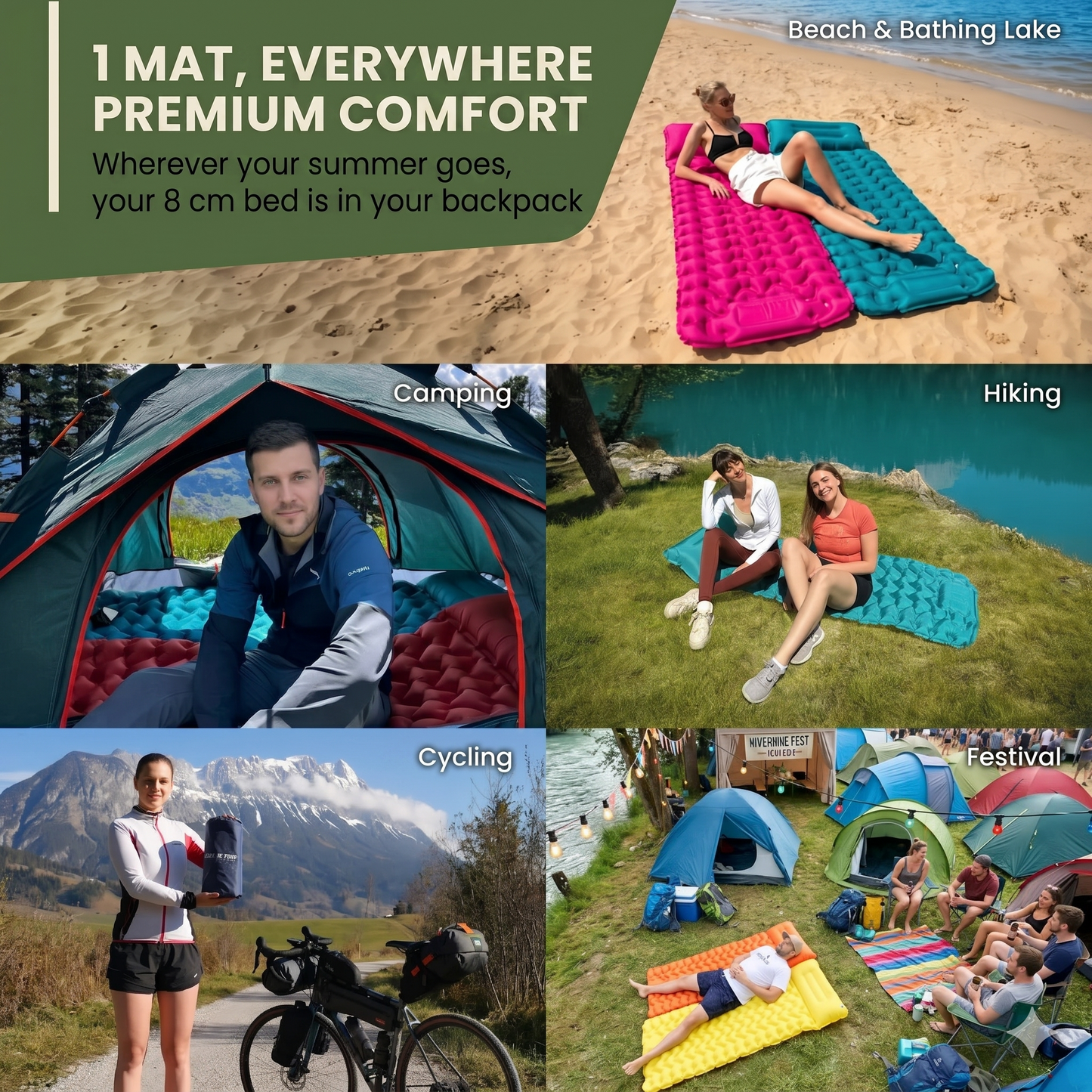🌞Luxury Ultralight Sleeping Mat – With Built-in Foot Pump – 7.5cm Thick & Connectable – Perfect for Camping, Hiking & Beach – Waterproof & Compact