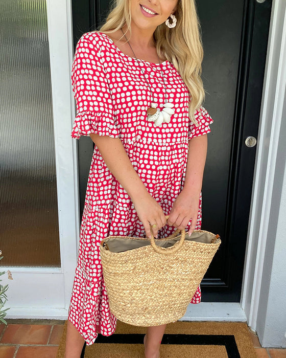 💥Round Neck Polka Dot Print Midi Dress