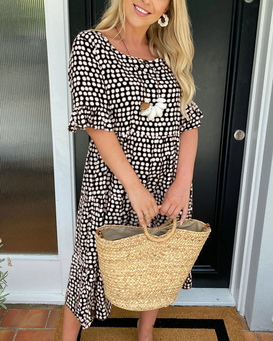 💥Round Neck Polka Dot Print Midi Dress