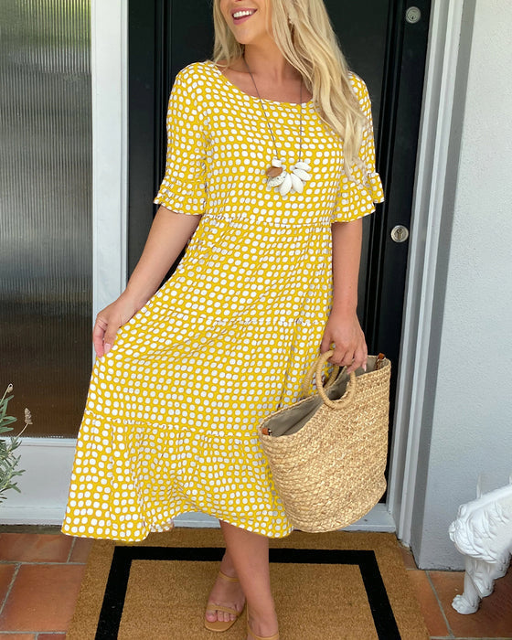 💥Round Neck Polka Dot Print Midi Dress