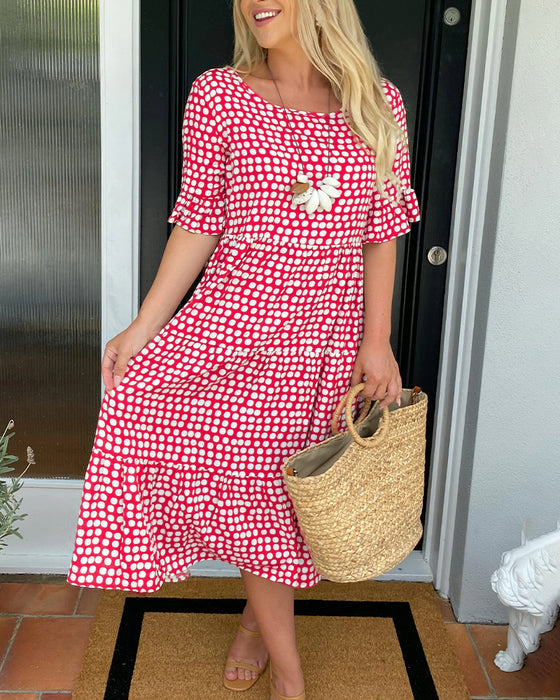 💥Round Neck Polka Dot Print Midi Dress