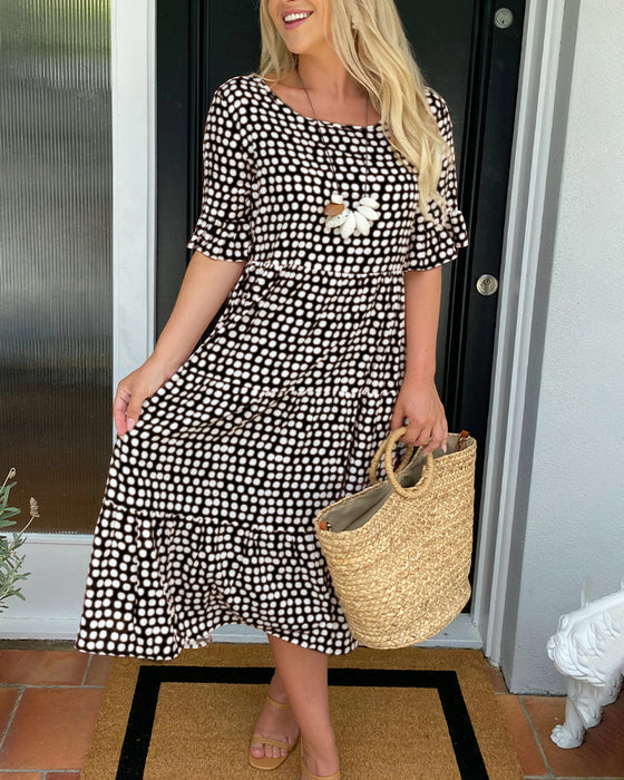 💥Round Neck Polka Dot Print Midi Dress