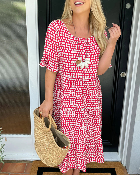 💥Round Neck Polka Dot Print Midi Dress