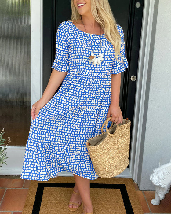 💥Round Neck Polka Dot Print Midi Dress