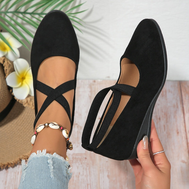 🌹Elegant Solid Color Elastic Strap Low Wedge Shoes