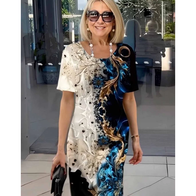 Women's Summer Floral Print Round Neck A-Line Short Sleeve Dress