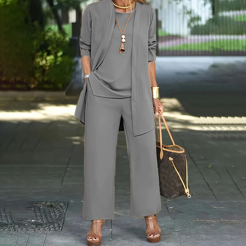 💃 Elegant Women’s Relaxed Fit 3-Piece Set – Minimalist Wide-Leg Pants, Cardigan & Top in Luxe Stretch Fabric 🌟👚
