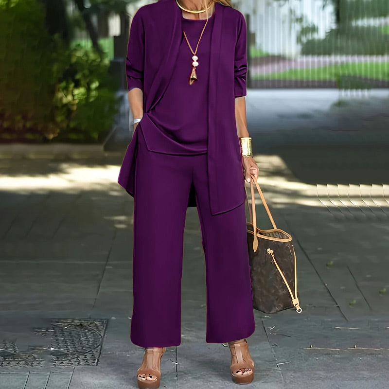 💃 Elegant Women’s Relaxed Fit 3-Piece Set – Minimalist Wide-Leg Pants, Cardigan & Top in Luxe Stretch Fabric 🌟👚
