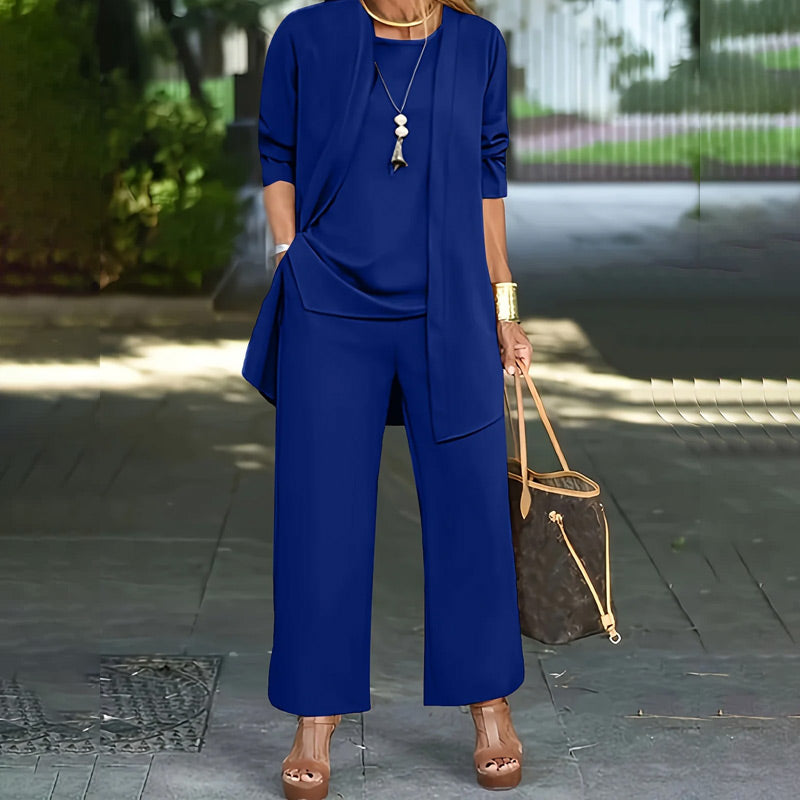 💃 Elegant Women’s Relaxed Fit 3-Piece Set – Minimalist Wide-Leg Pants, Cardigan & Top in Luxe Stretch Fabric 🌟👚