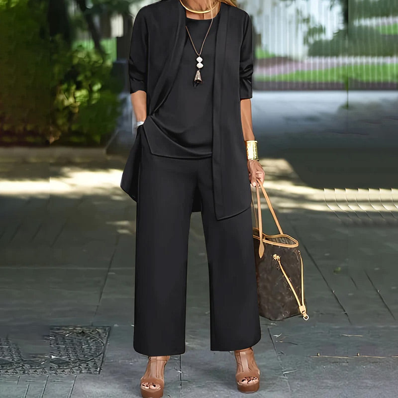 💃 Elegant Women’s Relaxed Fit 3-Piece Set – Minimalist Wide-Leg Pants, Cardigan & Top in Luxe Stretch Fabric 🌟👚