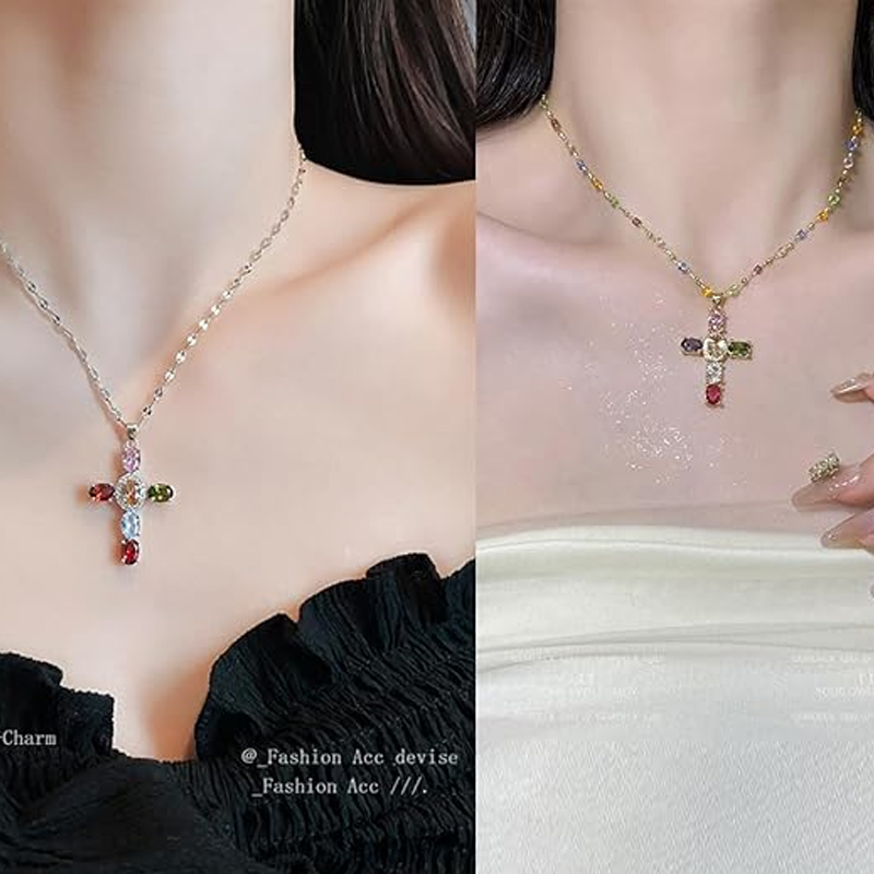 💜Colorful Rhinestone Cross Pendant Necklaces