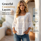 🌸 Elegant Square Neck Summer Blouse – Boho Lace, Bell Sleeves, Tiered Flow ✨