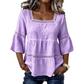 🌸 Elegant Square Neck Summer Blouse – Boho Lace, Bell Sleeves, Tiered Flow ✨