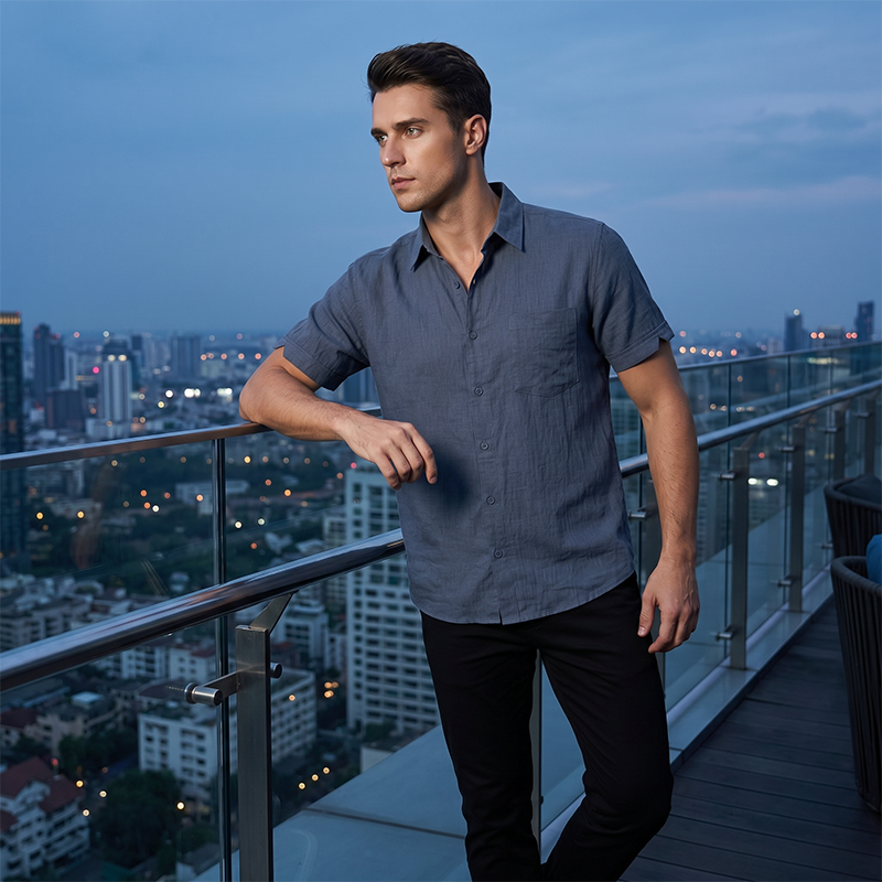 👔Men's Casual Short Sleeve Linen Blend Shirt - Stretchable, Breathable & Lightweight for Summer
