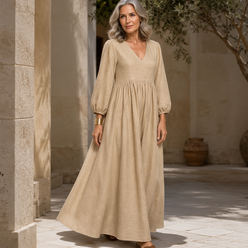 Women's V-Neck Pleated Maxi Dress
