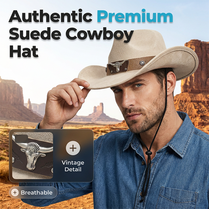 Unisex Suede Cowboy Hat with Vintage Bull Band and Wind Rope