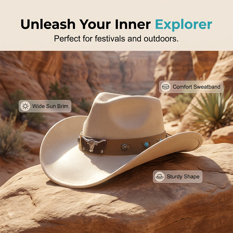 Unisex Suede Cowboy Hat with Vintage Bull Band and Wind Rope