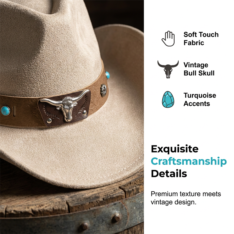 Unisex Suede Cowboy Hat with Vintage Bull Band and Wind Rope