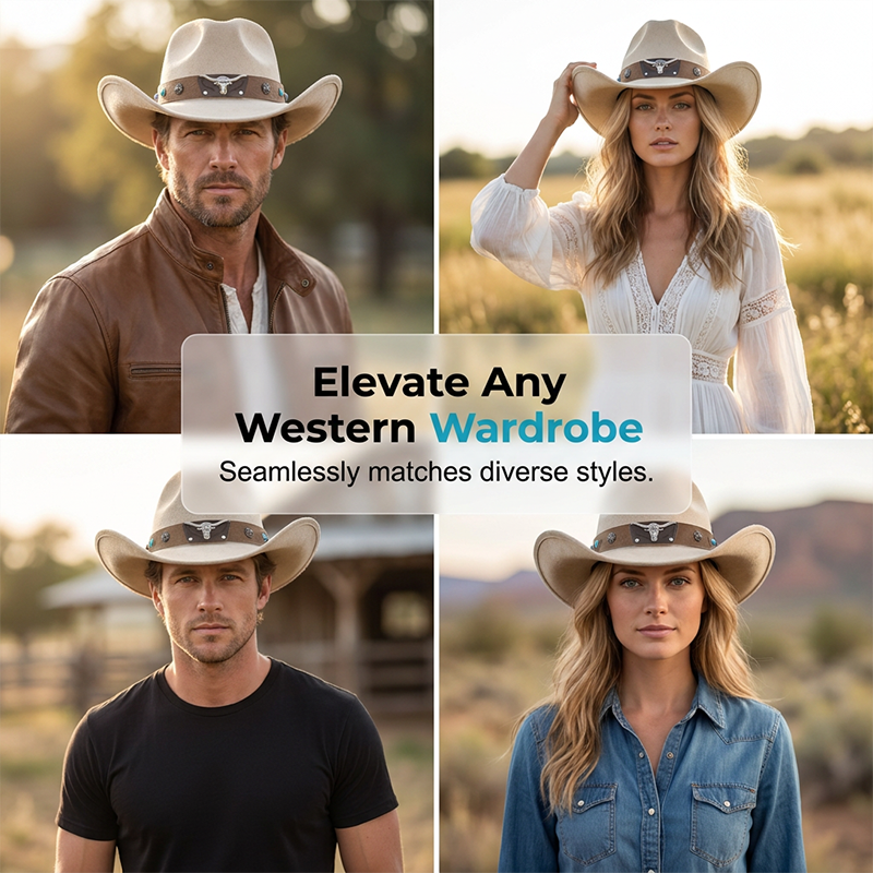 Unisex Suede Cowboy Hat with Vintage Bull Band and Wind Rope