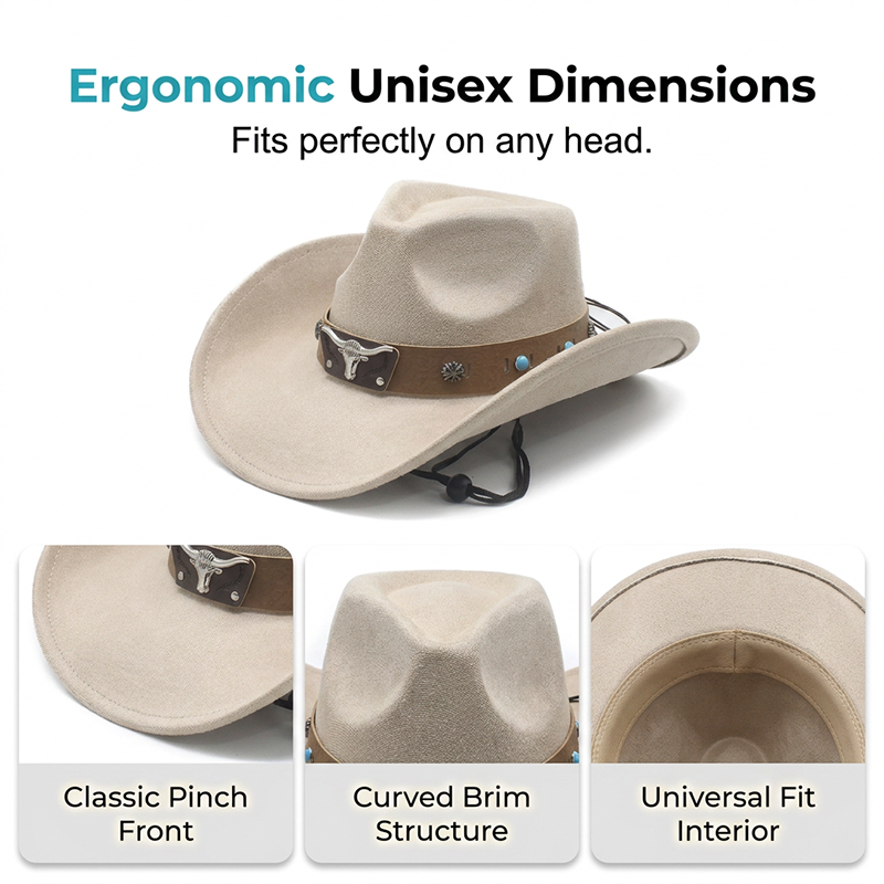 Unisex Suede Cowboy Hat with Vintage Bull Band and Wind Rope