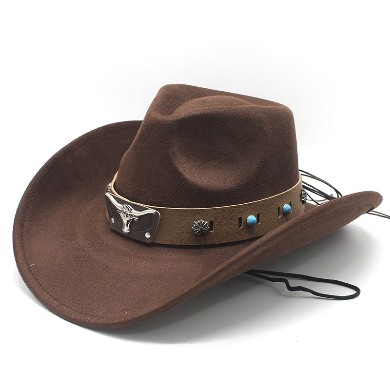 Unisex Suede Cowboy Hat with Vintage Bull Band and Wind Rope