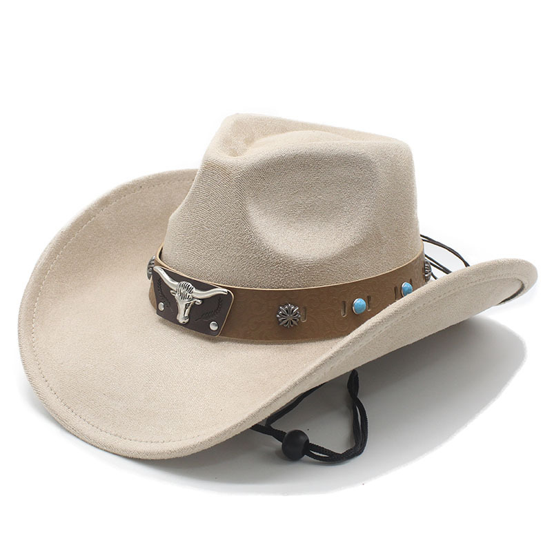Unisex Suede Cowboy Hat with Vintage Bull Band and Wind Rope