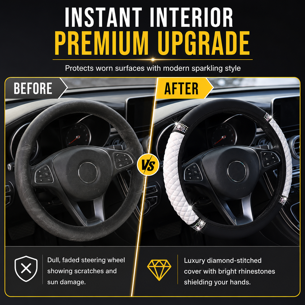 ⏳Time-Limited Special ⏰ Rhinestone Steering Wheel Cover – Sparkling, Quilted, Luxury 🚗