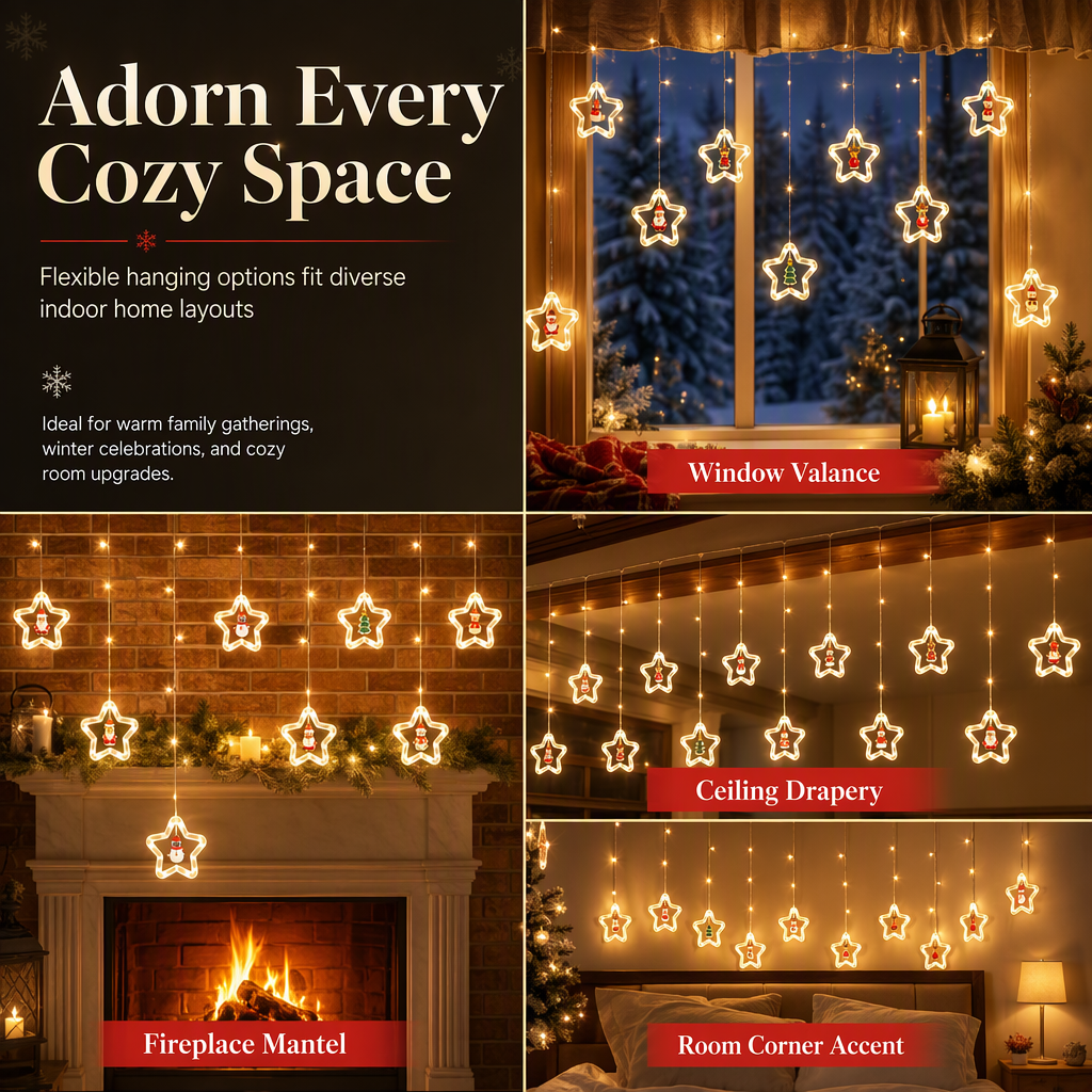 LED Christmas Icicle String Lights USB Powered Star and Christmas Tree Ring Hanging Lights for Holiday Window Decoration